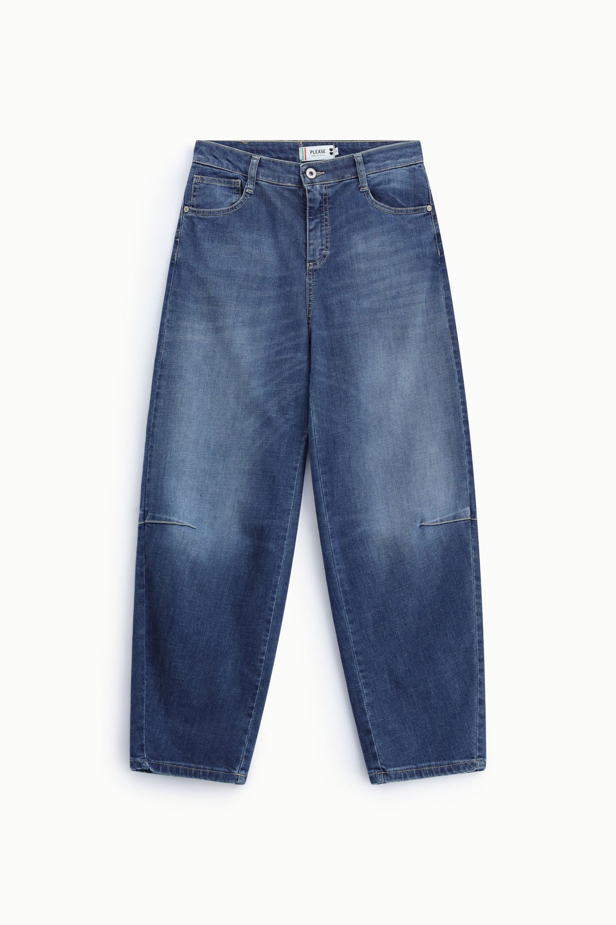 Jean balloon femme à coutures genoux – délavage moyen, coloris bleu denim – Please