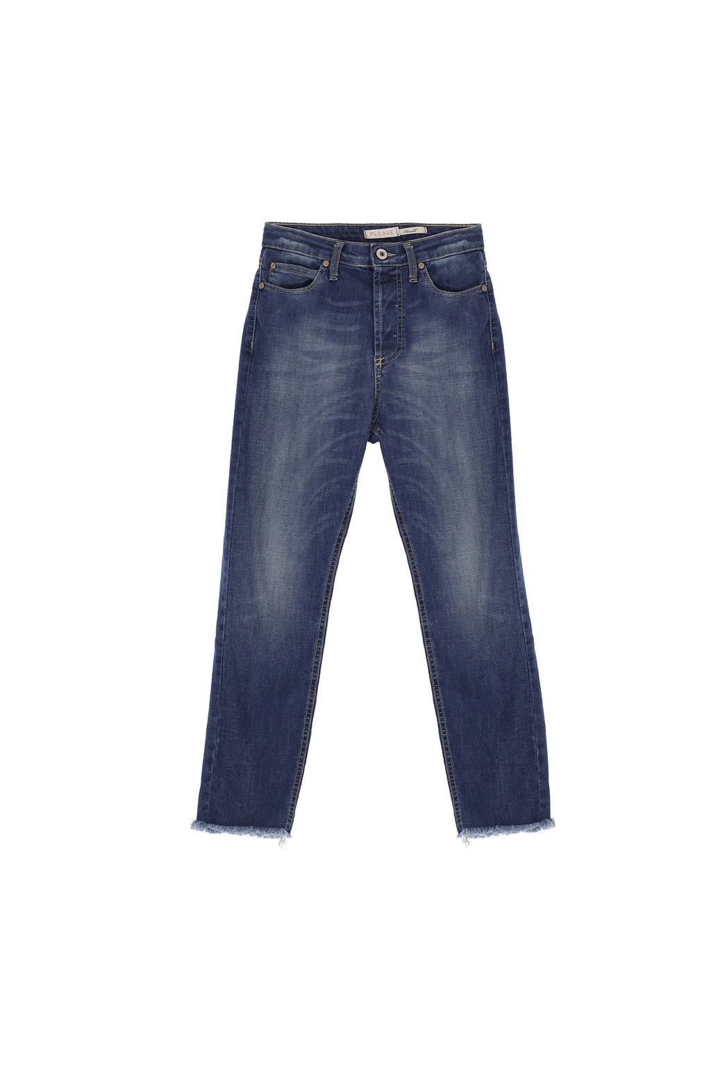 Please Femme jean longueur 7/8 en denim de coton bleu delavage medium, avec ourlets à franges