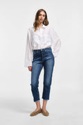 Please Femme jean longueur 7/8 en denim de coton bleu delavage medium, avec ourlets à franges
