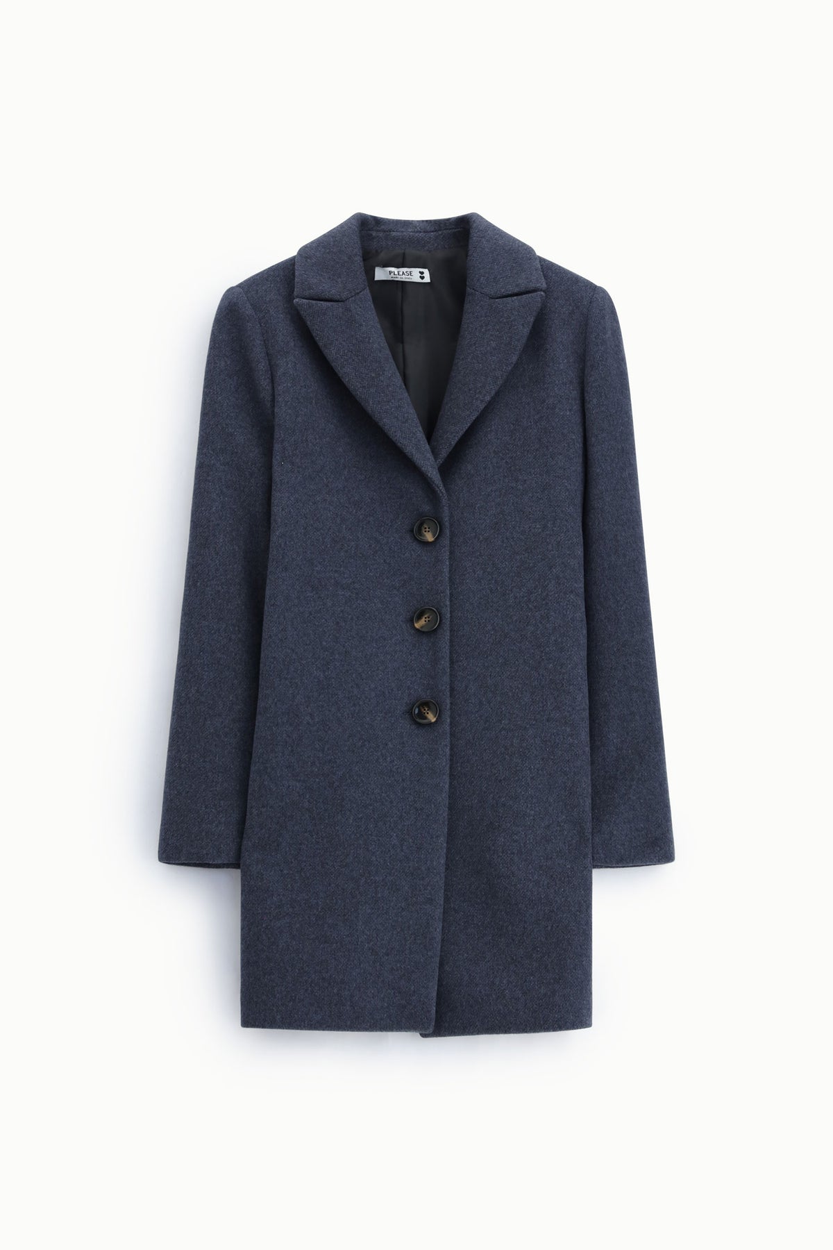 Manteau droit femme à revers – drap chiné bleu, coloris bleu denim – Please