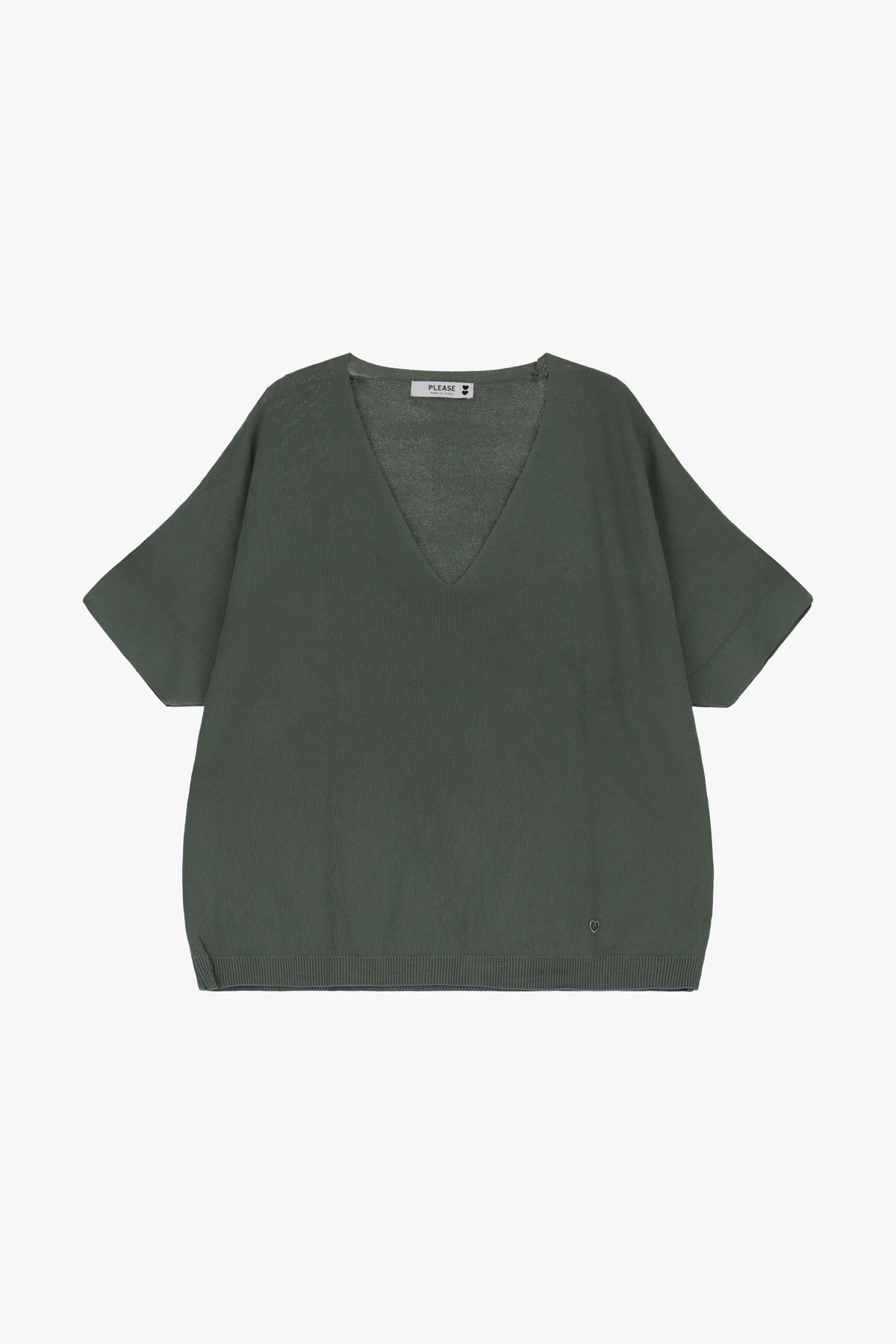 Pull femme ample à col V et manches courtes, vert militaire – Please