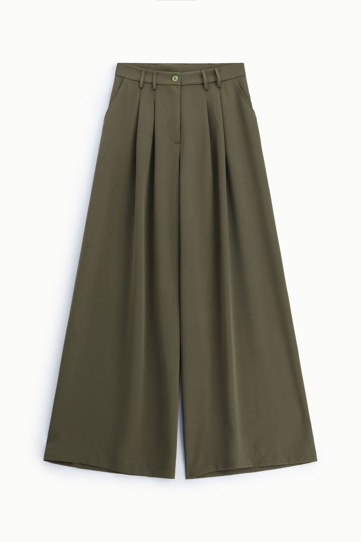 Pantalon à doubles pinces et jambes évasées en crêpe, coloris vert militaire – Please