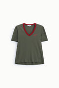 T-shirt col V à bord contrasté et broderie – Please