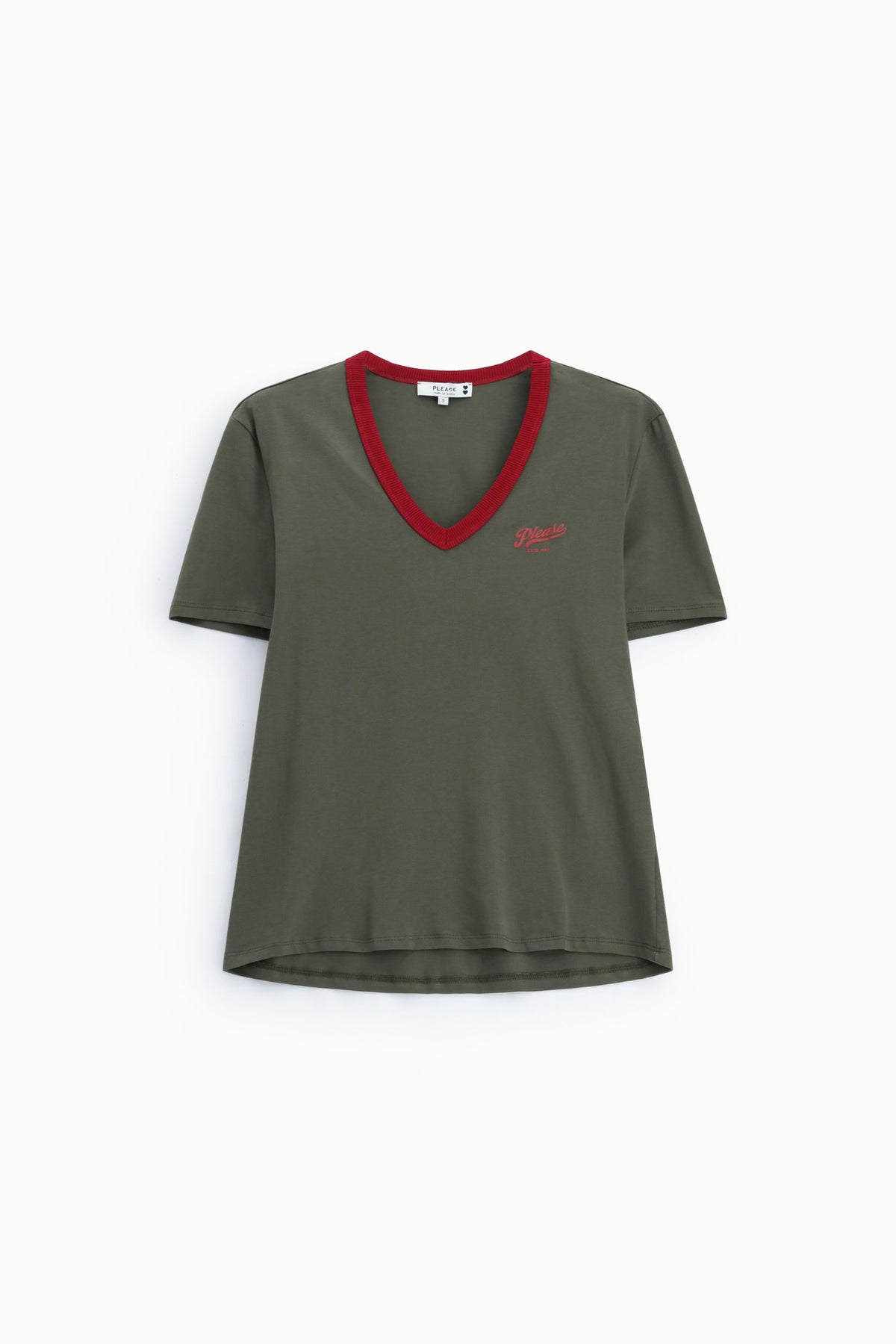 T-shirt col V à bord contrasté et broderie – Please