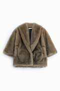 Veste courte femme en fausse fourrure – col châle, manches larges, coloris camel – Please