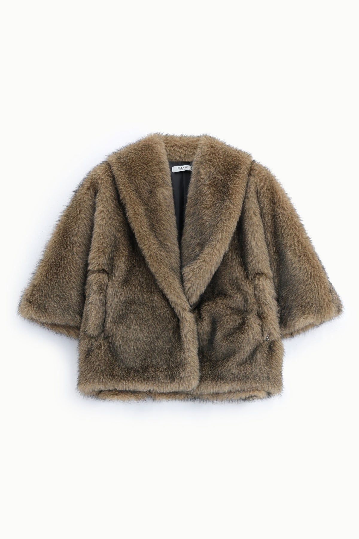 Veste courte femme en fausse fourrure – col châle, manches larges, coloris camel – Please