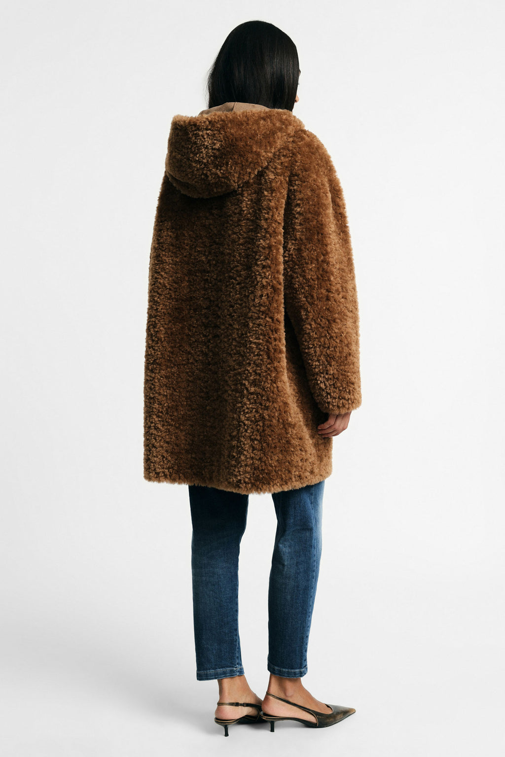 Manteau fausse fourrure femme à capuche – camel – Please
