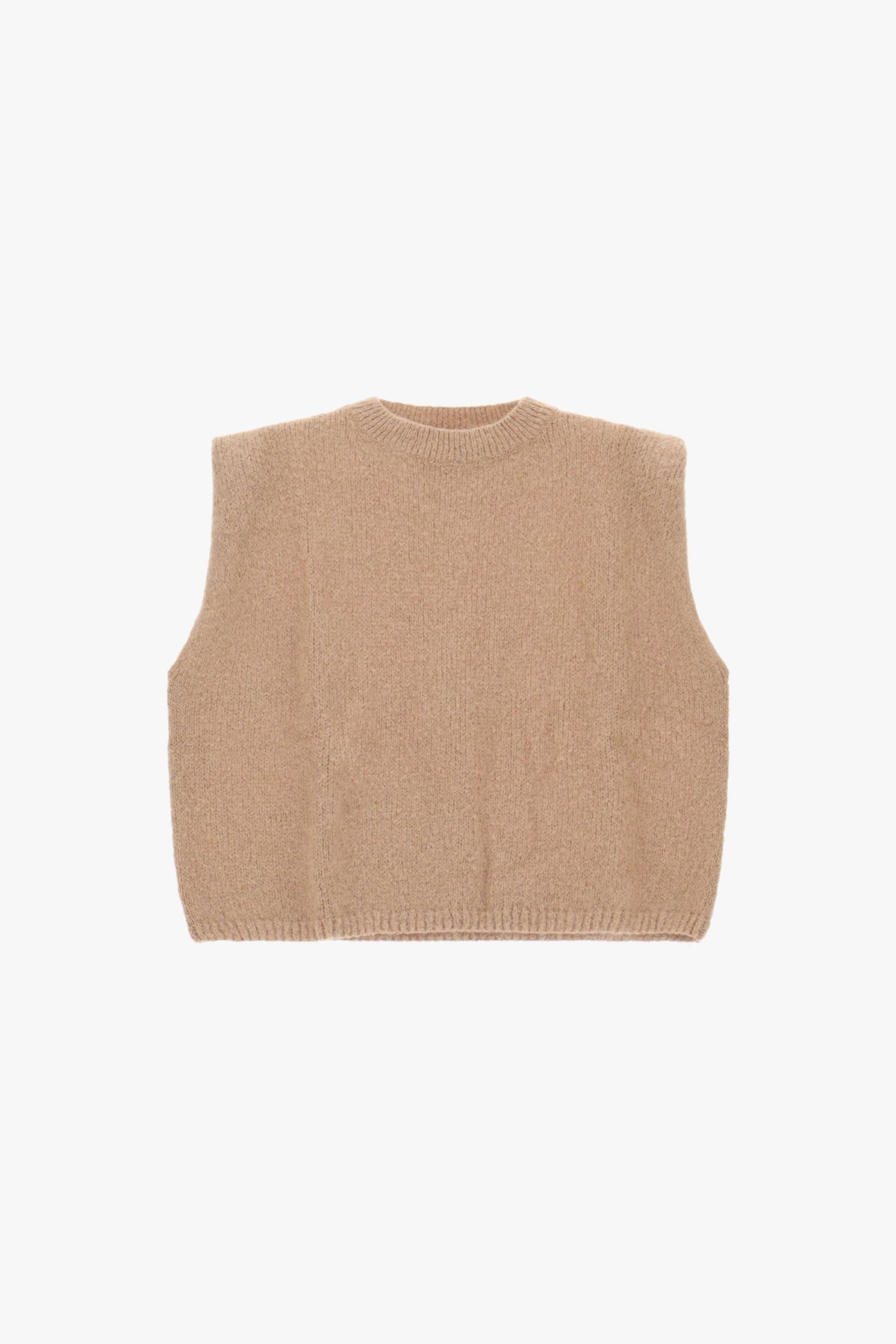 Pull sans manches femme à épaules structurées, maille mohair camel – Please