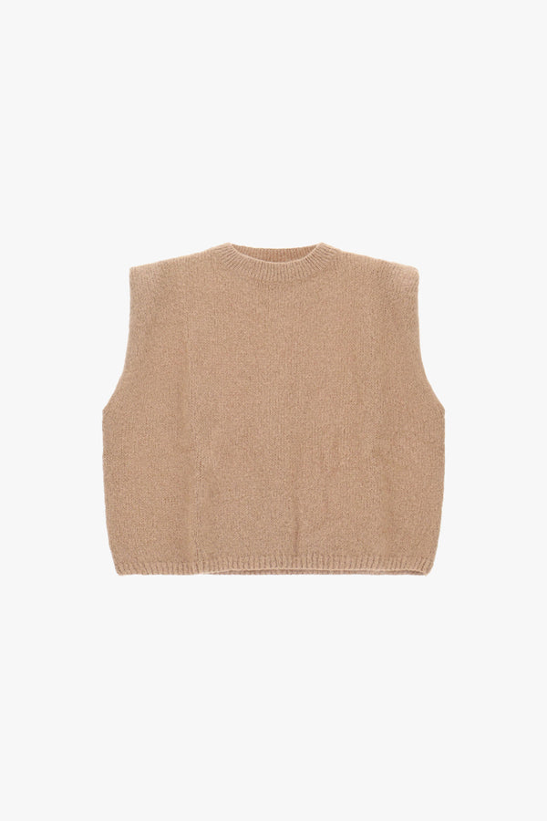 Pull sans manches femme à épaules structurées, maille mohair camel – Please