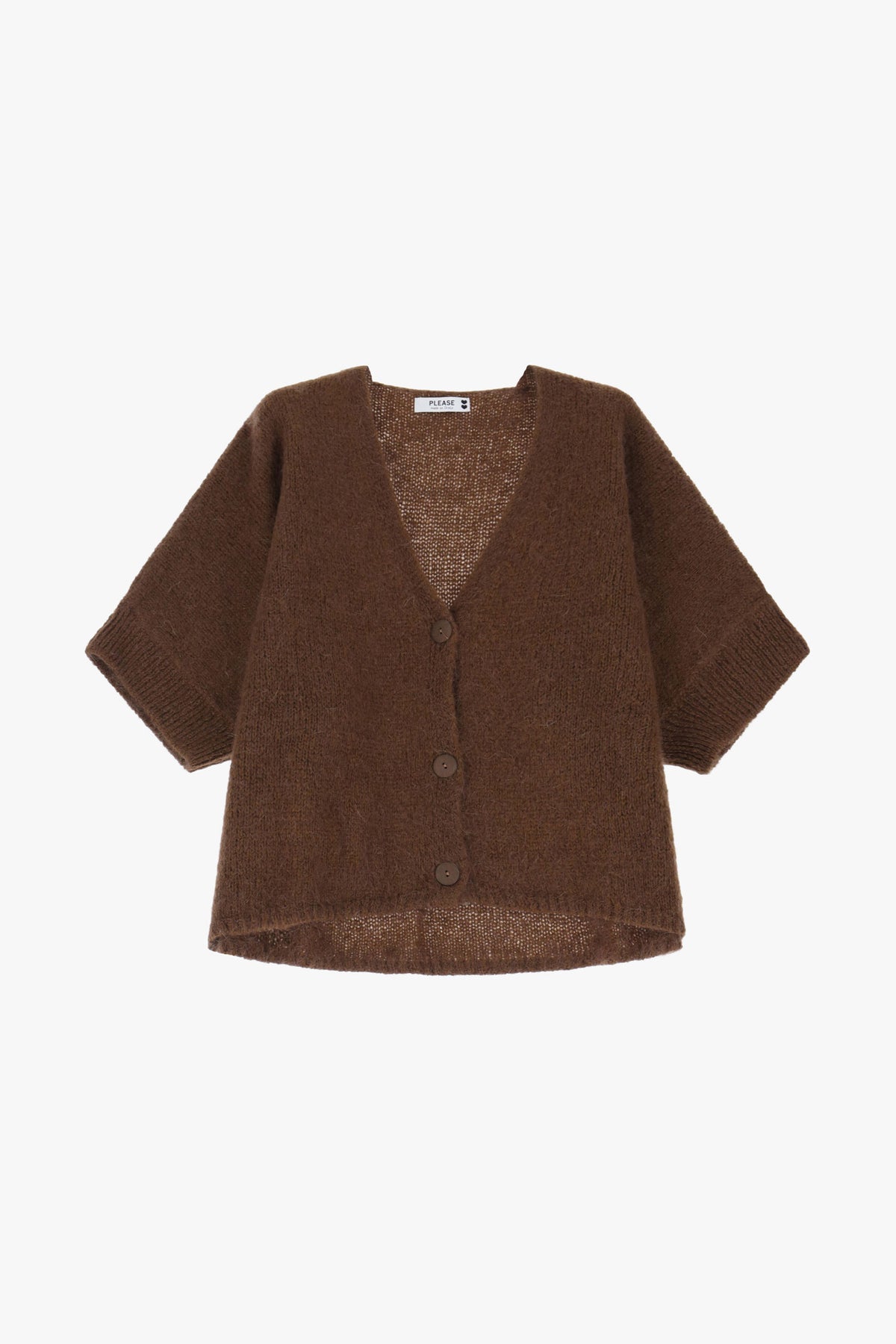 Cardigan femme manches courtes en maille mohair – col V, packshot, coloris marron – Please
