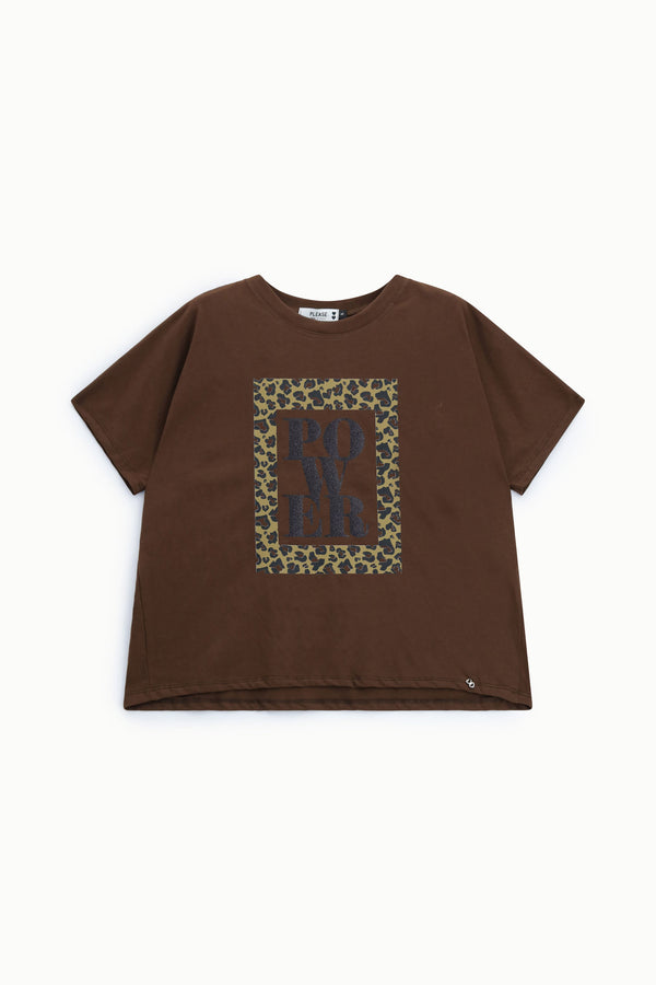 T-shirt femme ample à cadre léopard, coton chocolat – Please