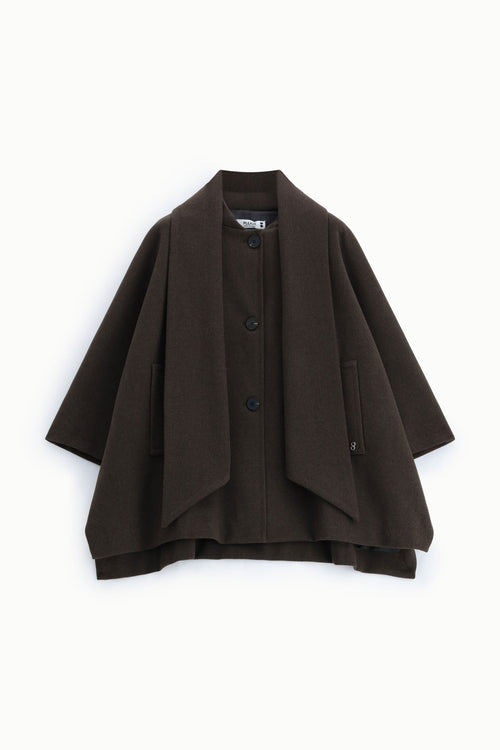 Cape femme en drap à écharpe intégrée, coloris chocolat – Please