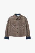 Chemise courte femme à carreaux, poignets en denim, coloris marron – Please
