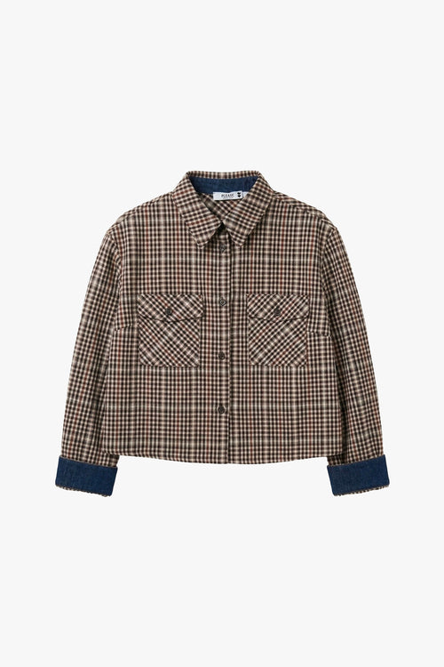 Chemise courte femme à carreaux, poignets en denim, coloris marron – Please