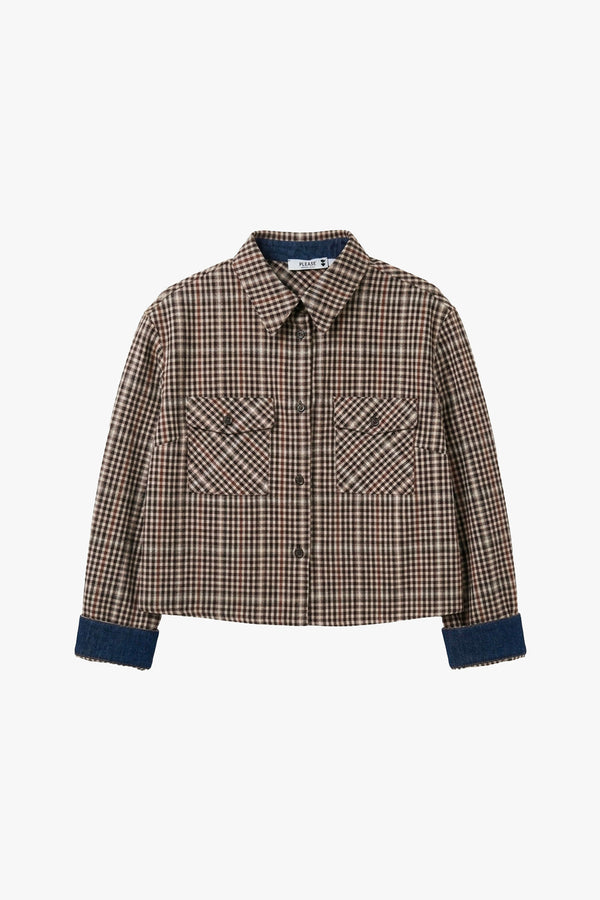 Chemise courte femme à carreaux, poignets en denim, coloris marron – Please