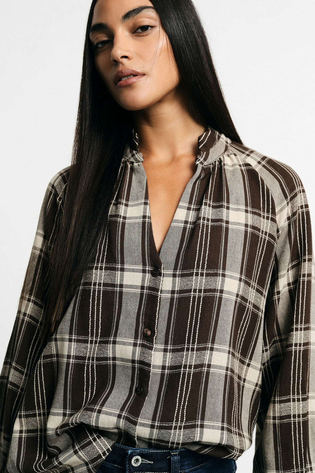 Chemise ample à carreaux col mao – Please