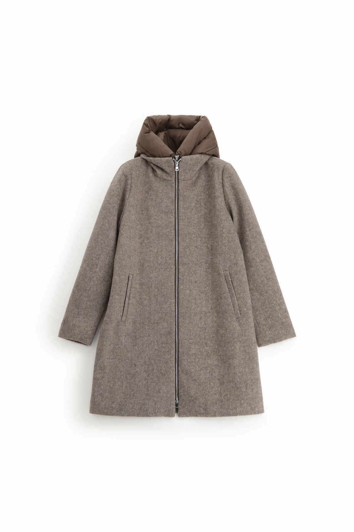 Manteau femme en laine mélangée à plastron matelassé – capuche, coloris marron – Please
