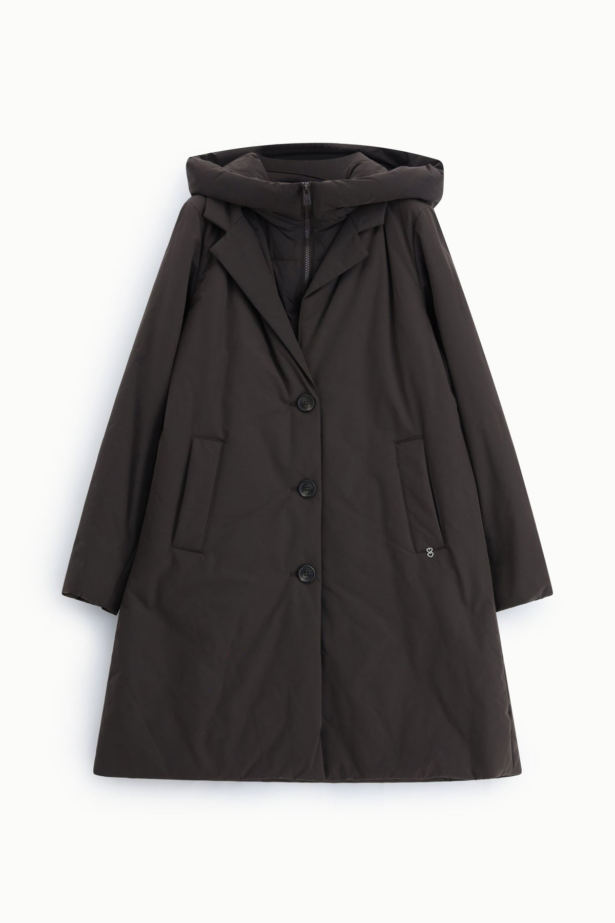 Manteau doudoune long femme à capuche – boutonnage, coloris marron – Please
