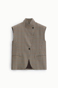 Gilet long sans manches femme à col montant, carreaux marron – Please