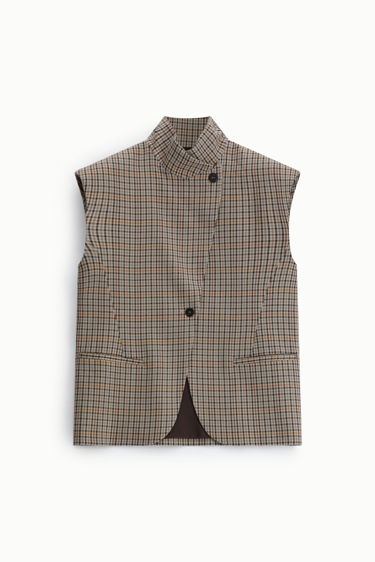 Gilet long sans manches femme à col montant, carreaux marron – Please