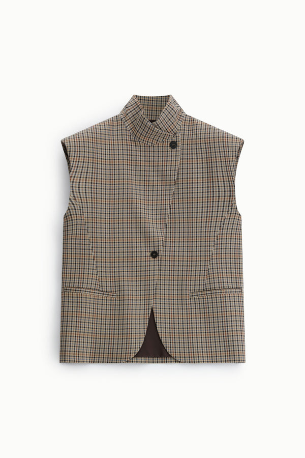 Gilet long sans manches femme à col montant, carreaux marron – Please