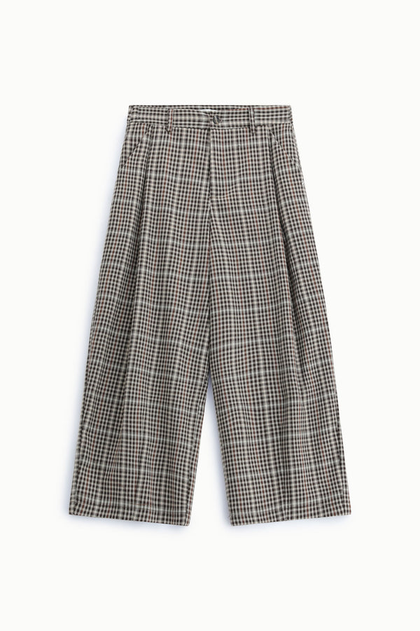 Pantalon palazzo court femme à pinces, carreaux marron – Please