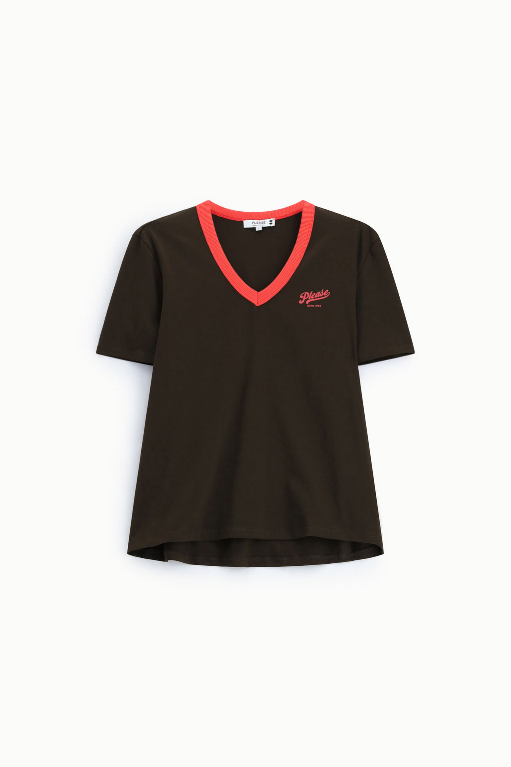 T-shirt col V à bord contrasté et broderie, coloris marron – Please