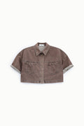 Veste en jean courte femme à poches plaquées – coton et lyocell, coloris chocolat – Please
