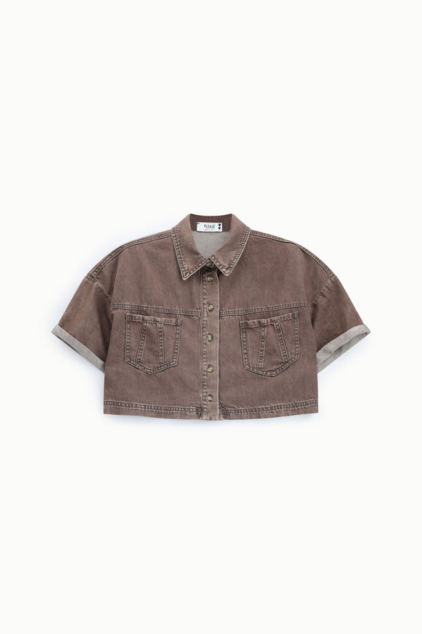 Veste en jean courte femme à poches plaquées – coton et lyocell, coloris chocolat – Please