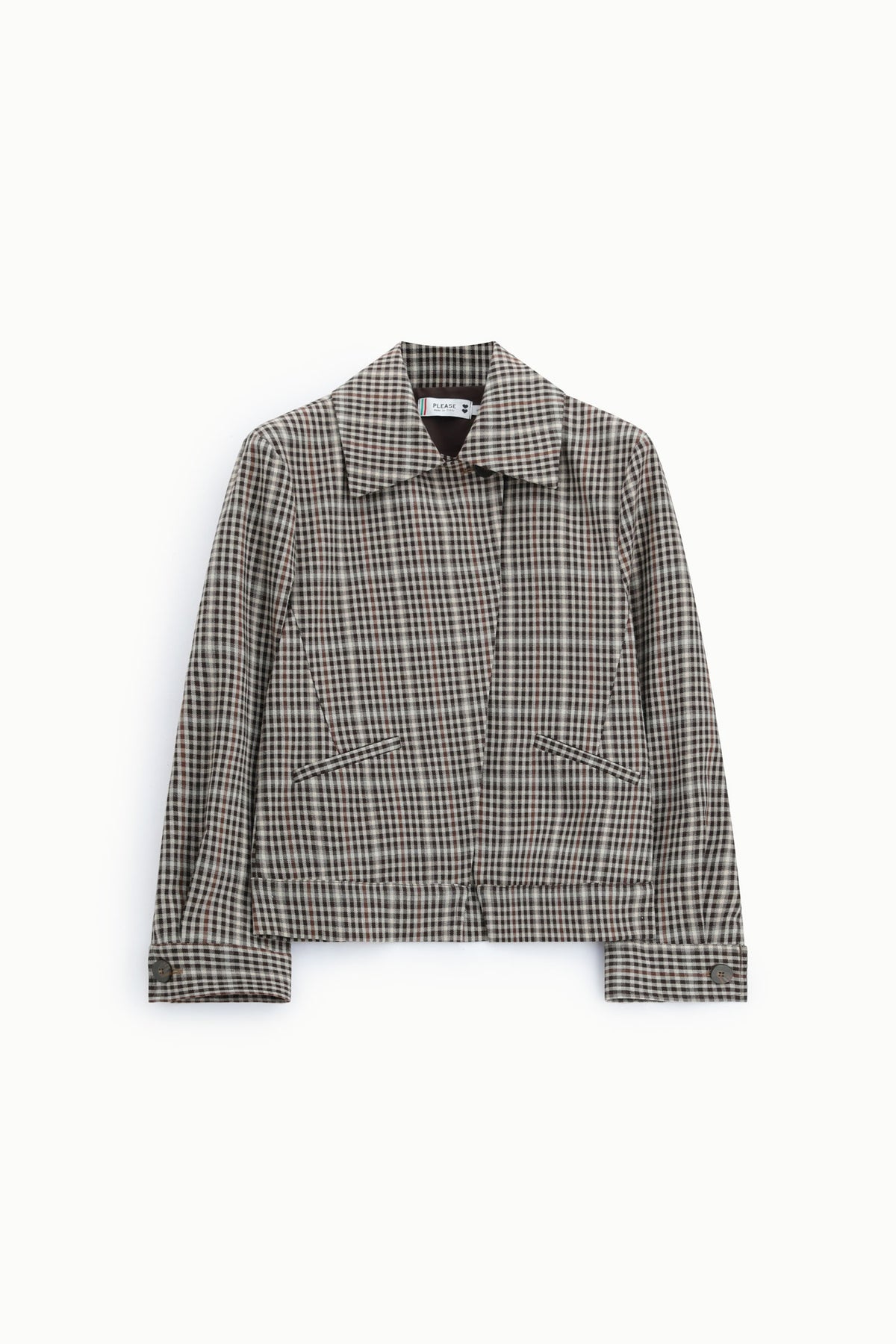 Veste courte femme à col chemise, carreaux marron – Please