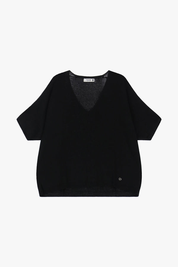 Pull femme ample à col V et manches courtes, noir – Please