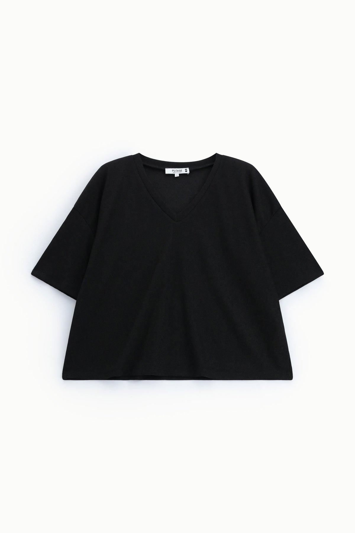 T-shirt femme ample col V en maille brillante, coloris noir – Please