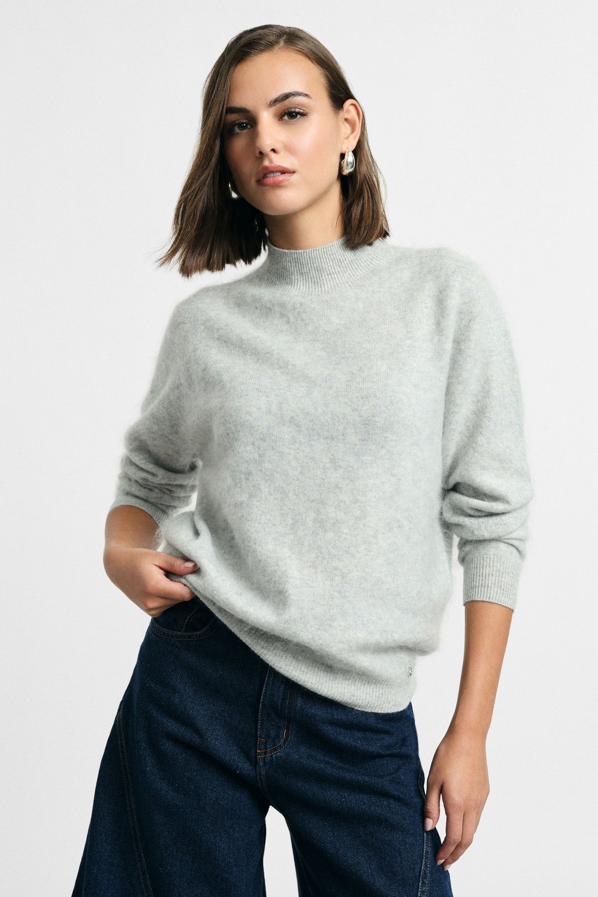Pull col cheminée femme en laine et cachemire, porté face, coloris gris – Please