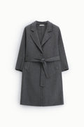 Manteau long femme ceinturé en laine mélangée – col à revers, coloris gris foncé – Please