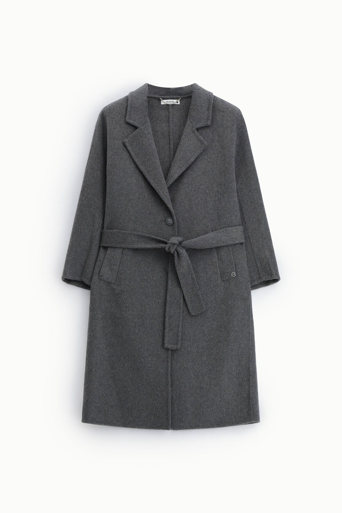 Manteau long femme ceinturé en laine mélangée – col à revers, coloris gris foncé – Please