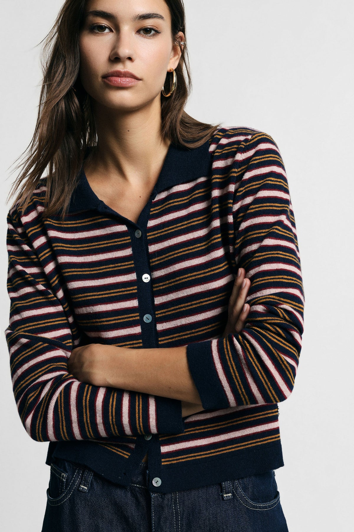Cardigan rayé à col polo boutonné – Please