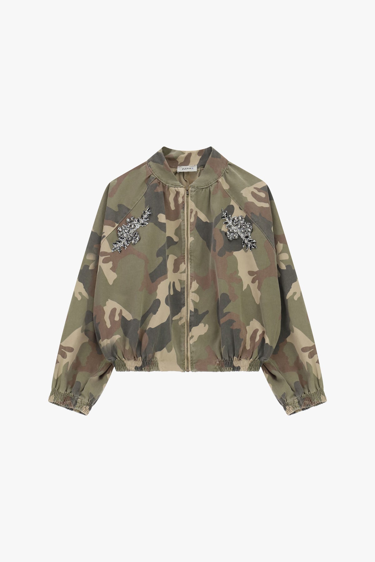 Blouson bomber femme camouflage à ornements bijoux – Please