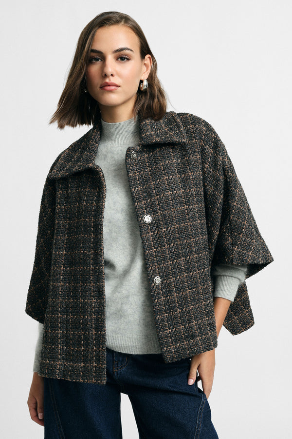 Veste courte manches trois-quarts à carreaux Gris et camel, porté face, coloris gris et camel – Please