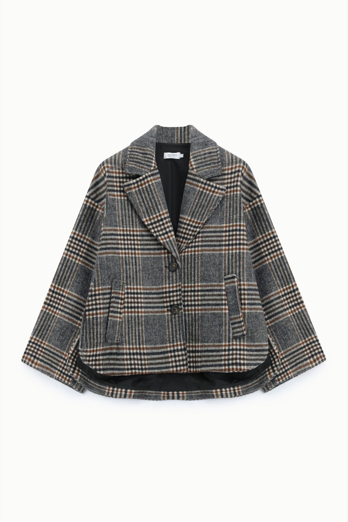 Veste courte femme prince-de-galles – manches larges, bas arrondi, coloris noir et tabac – Please