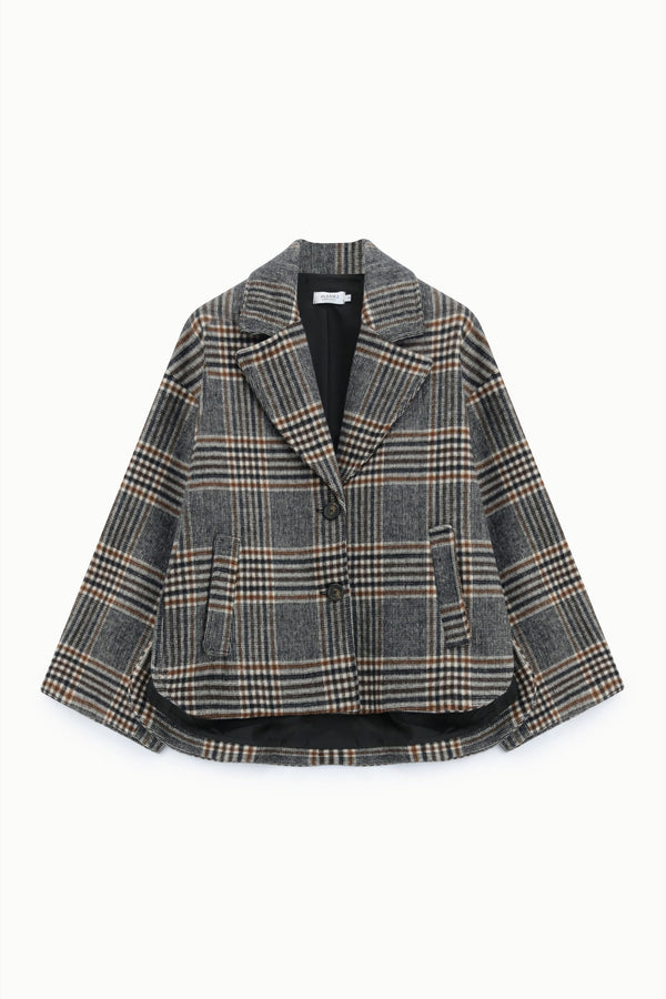 Veste courte femme prince-de-galles – manches larges, bas arrondi, coloris noir et tabac – Please