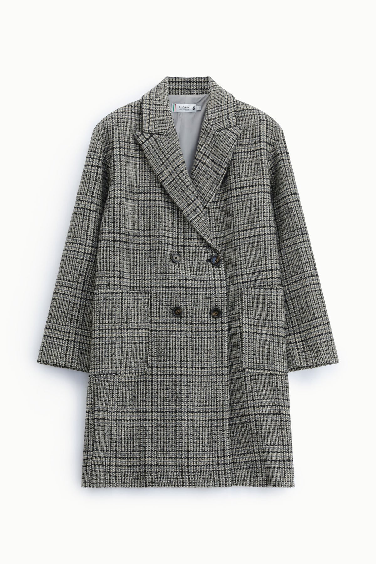 Manteau long femme croisé à carreaux, coloris noir et gris – Please