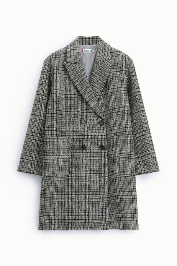Manteau long femme croisé à carreaux, coloris noir et gris – Please