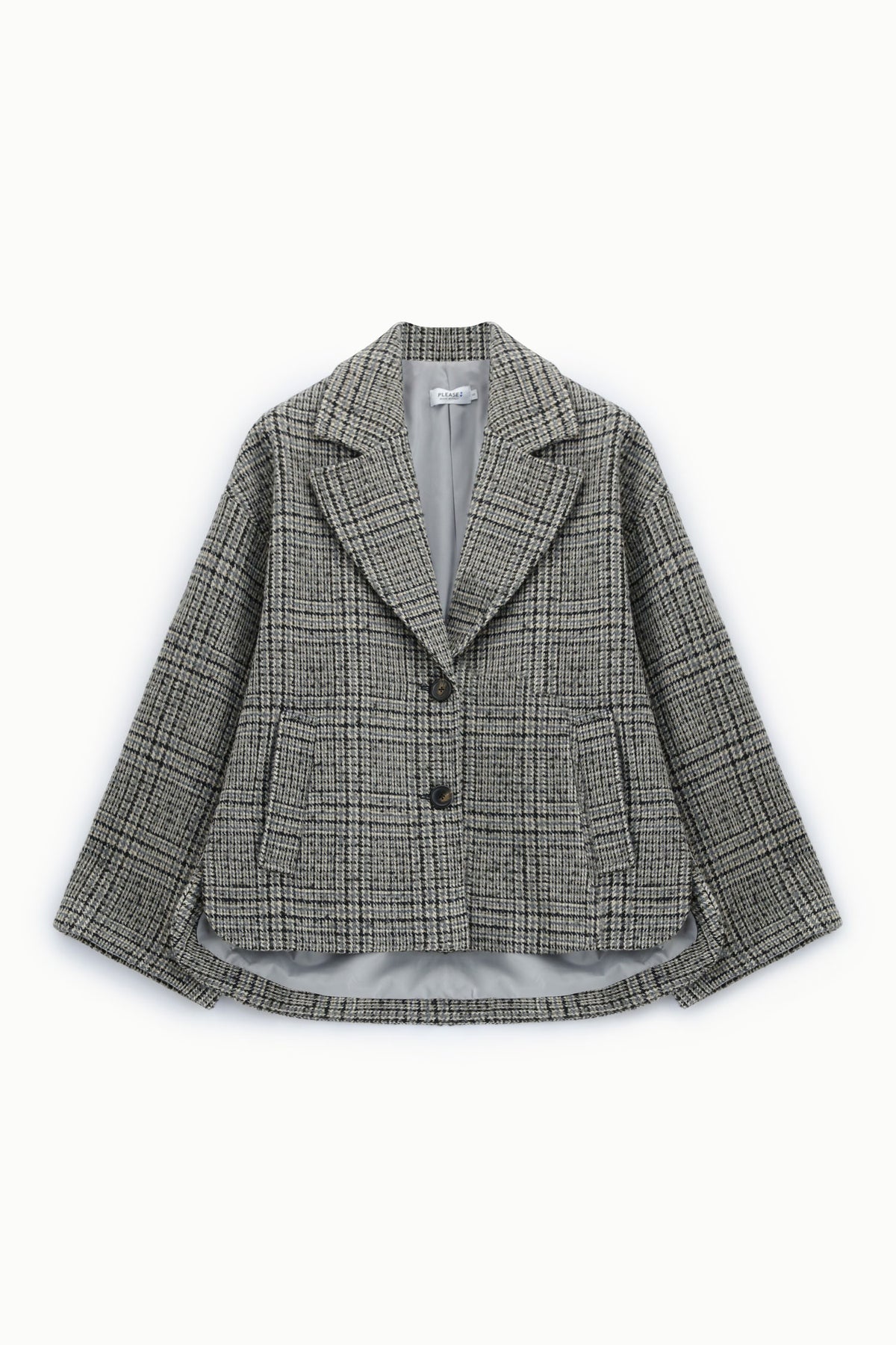 Veste courte femme à carreaux – manches larges, bas arrondi, coloris noir et gris – Please