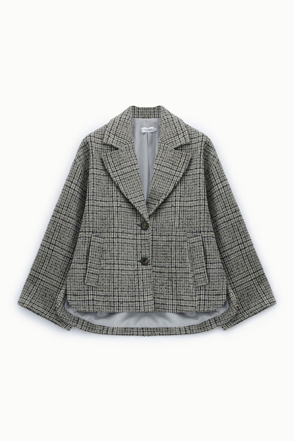 Veste courte femme à carreaux – manches larges, bas arrondi, coloris noir et gris – Please