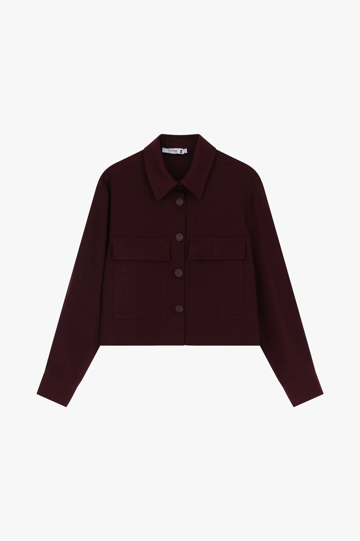 Veste courte femme – crêpe fluide, packshot, coloris bordeaux – Please