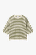 Pull femme manches courtes à fines rayures, écru et vert sauge – Please