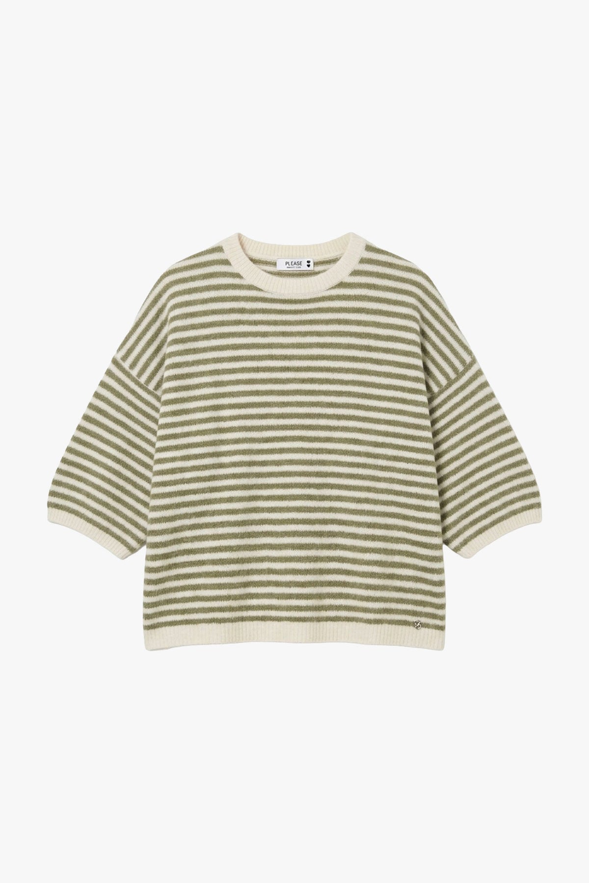 Pull femme manches courtes à fines rayures, écru et vert sauge – Please