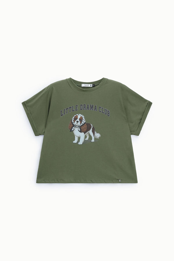 T-shirt femme ample à imprimé chien, coton kaki – Please