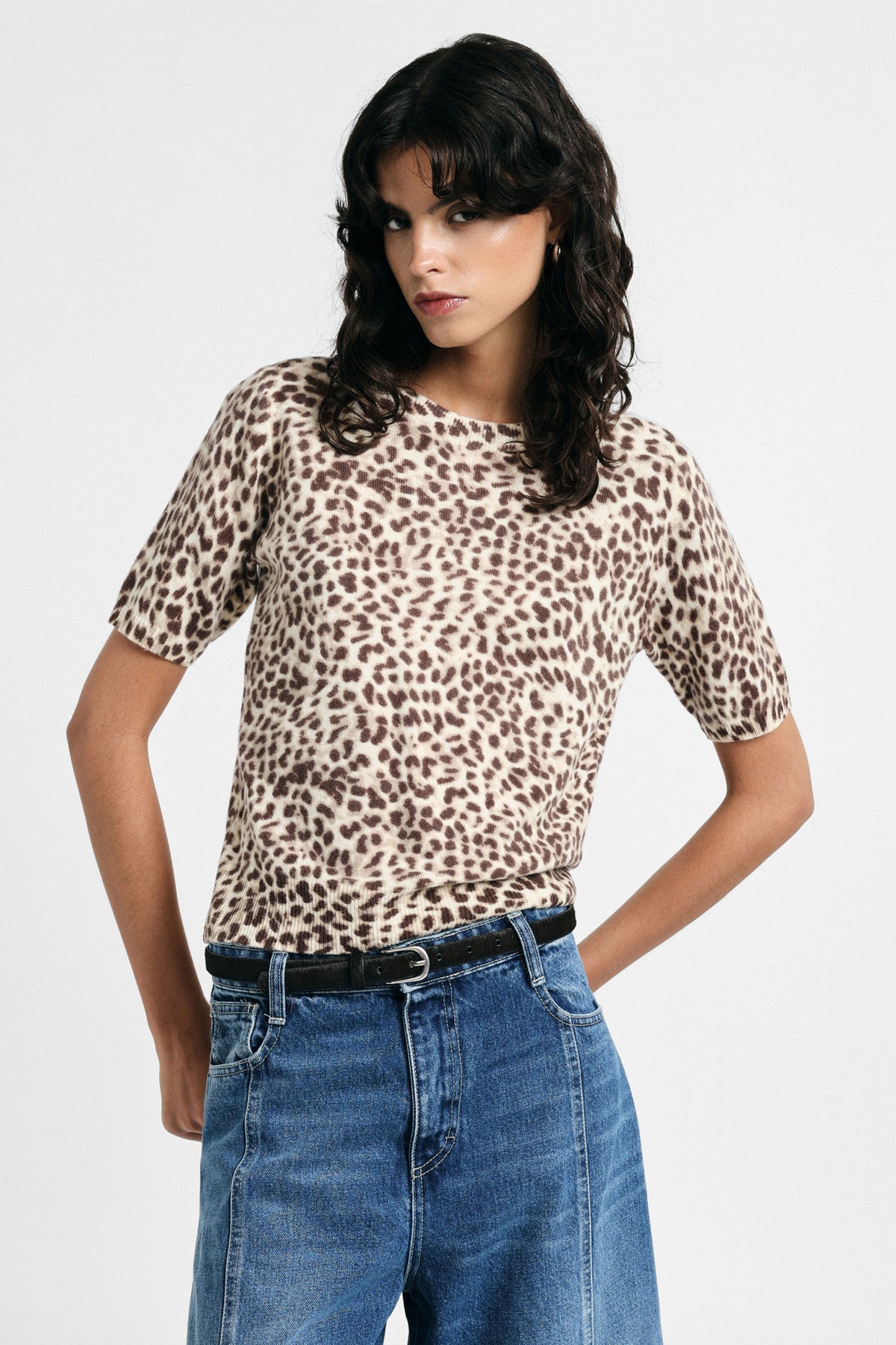Pull manches courtes femme en laine, jacquard léopard, porté – Please