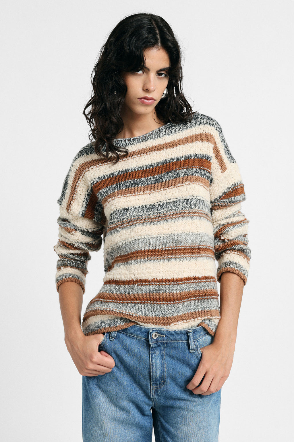 Pull femme rayé en maille bouclée, vue de dos – Please